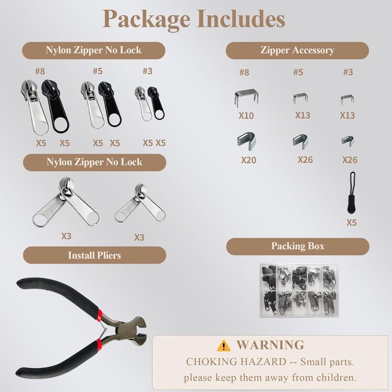 Vintex 150 Pcs Zipper Repair Kit with Replacement Sliders, #3#5#8 Metal Zipper Pull Replacement Kit with Install Plier for Jackets, Coats, Tents, Backpacks, Sleeping Bags, and Luggage - Image 2